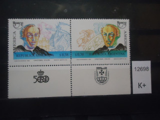 Фото марки Аргентина 1992г сцепка с купоном (Колумб) **